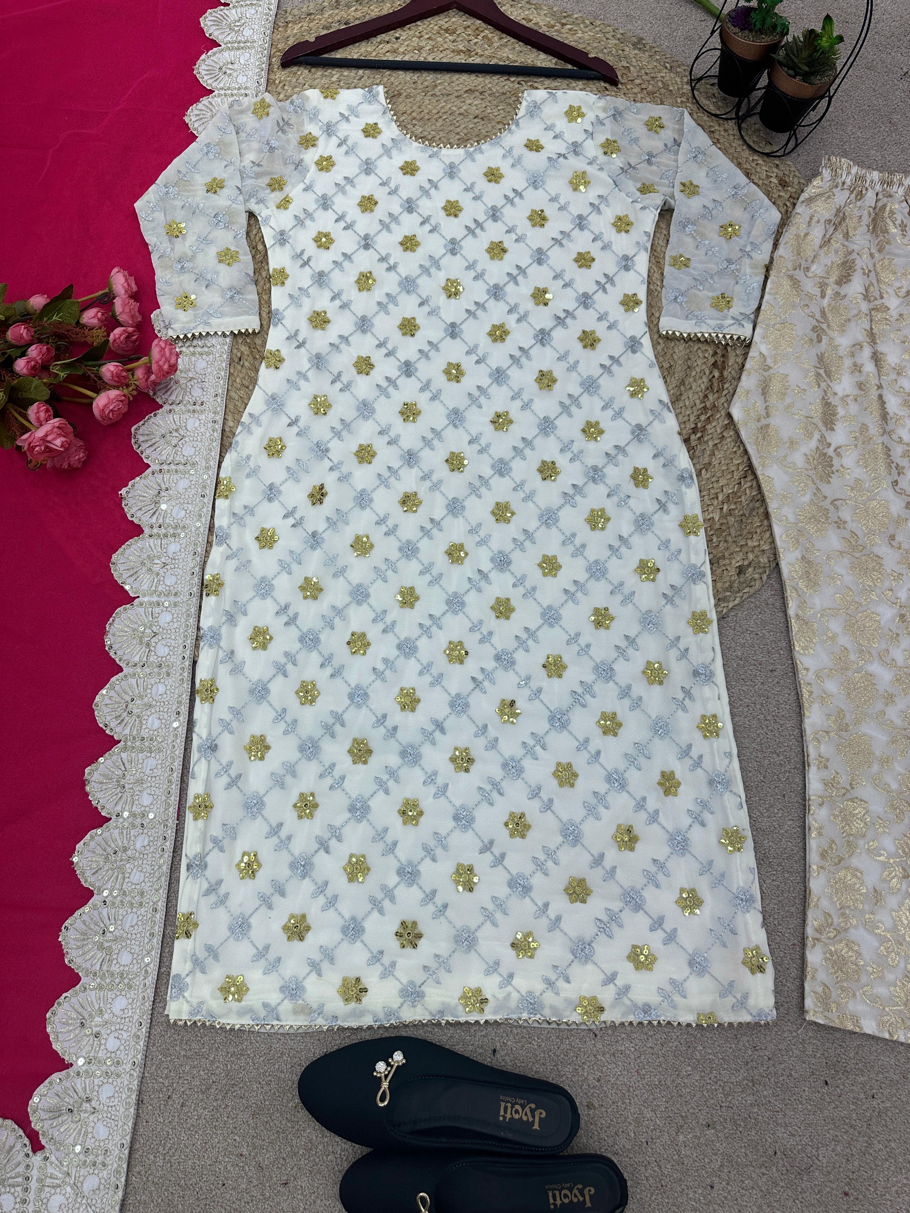 Fashionable Embroidery Sequence Work White Color Anarkali Suit