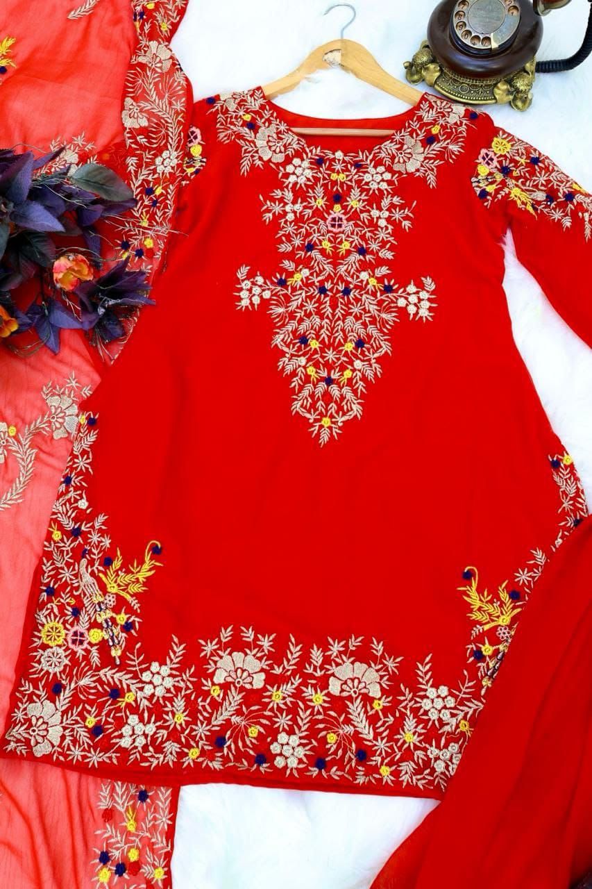 Designer Embroidery Sequence Red Color Sharara Suit