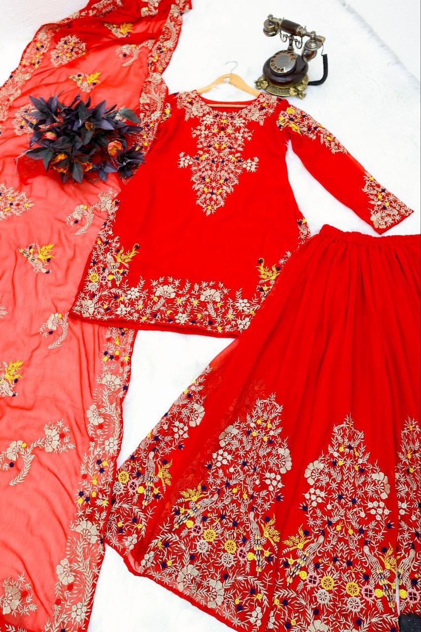 Designer Embroidery Sequence Red Color Sharara Suit