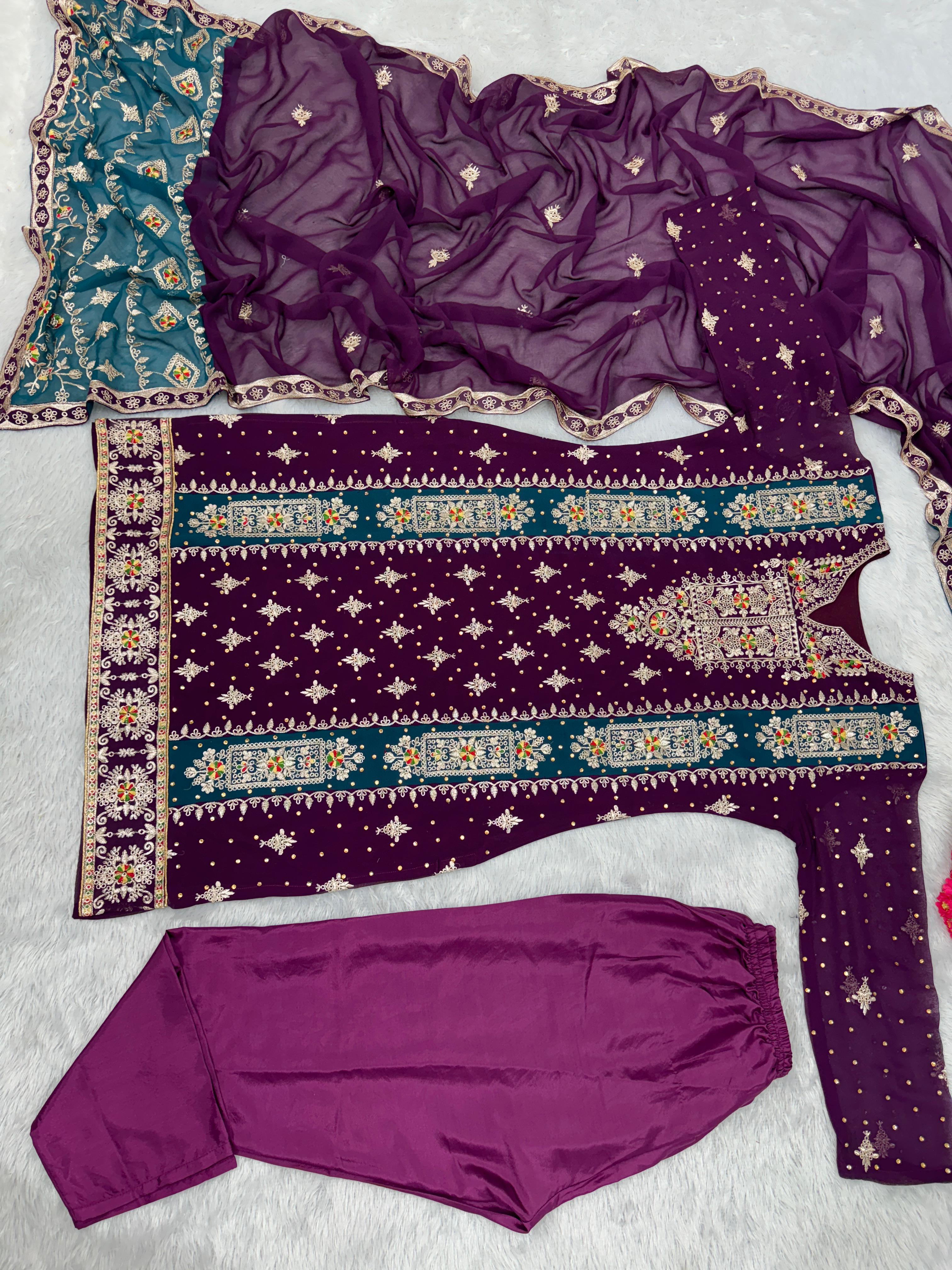 Daisy Embroidery Sequence Work Purple Color Anarkali Suit