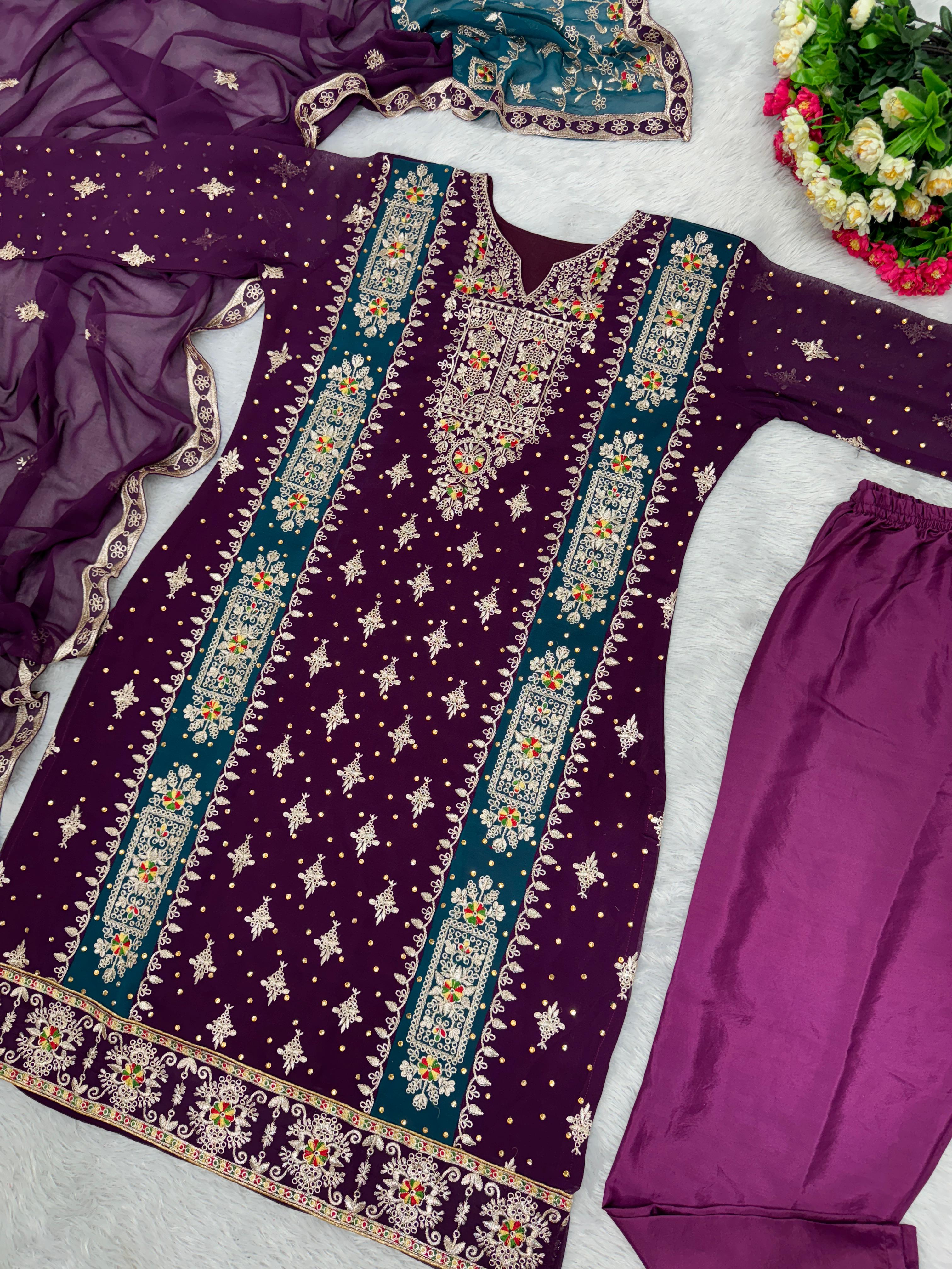Daisy Embroidery Sequence Work Purple Color Anarkali Suit