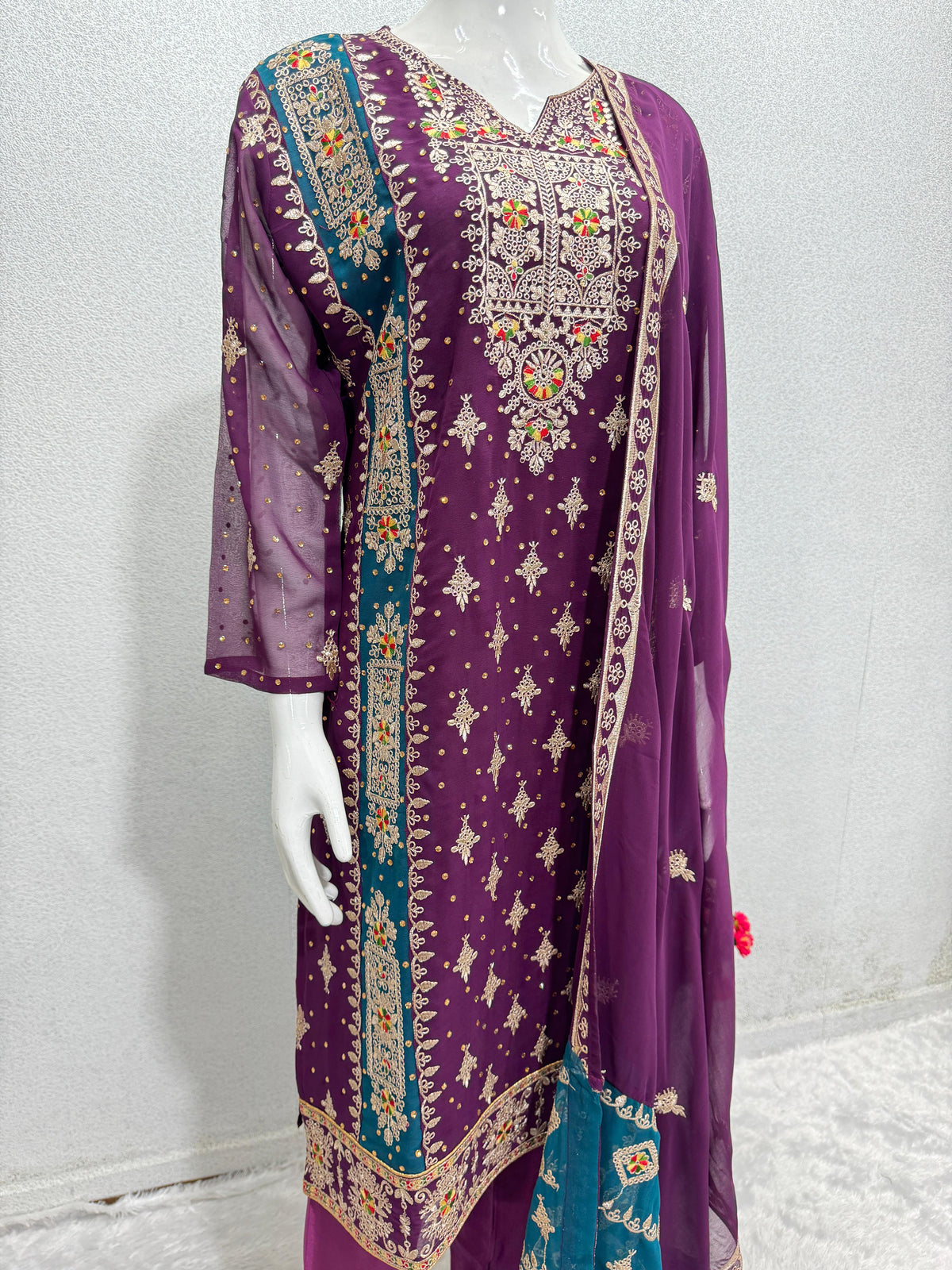 Daisy Embroidery Sequence Work Purple Color Anarkali Suit