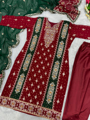 Daisy Embroidery Sequence Work Red Color Anarkali Suit