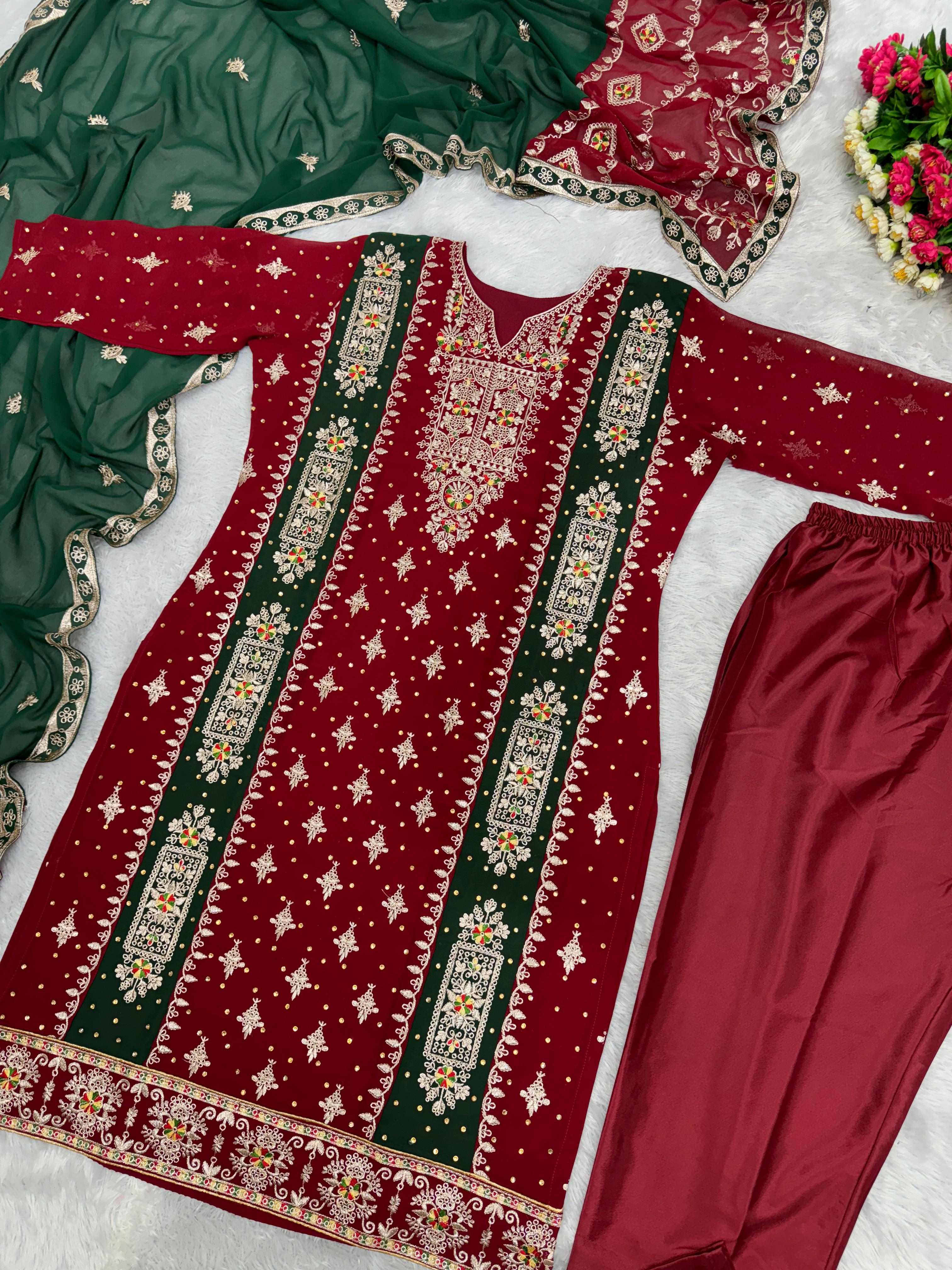 Daisy Embroidery Sequence Work Red Color Anarkali Suit