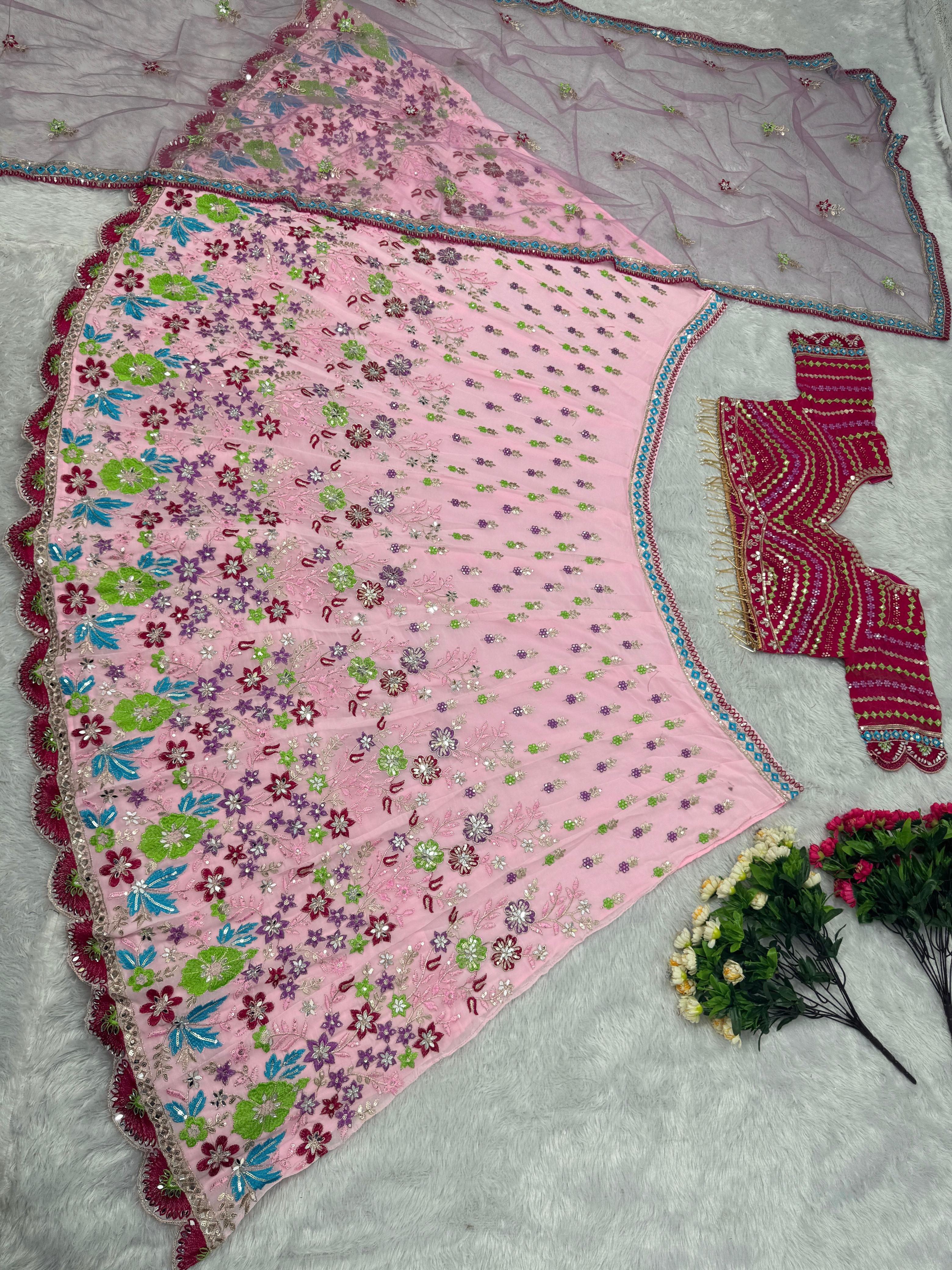 Glorious Embroidery Sequence Work Pink Color Lehenga Choli