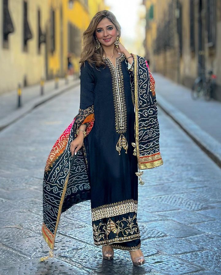 Mesmerizing  Embroidery Sequence Work Black Color Sharara Suit