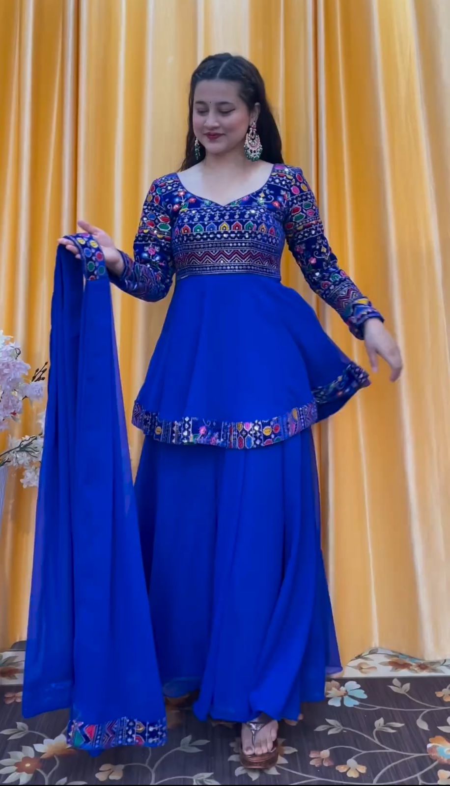 Captivating Thread Work With Sequence Work Blue Color Sharara Suit