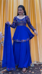 Captivating Thread Work With Sequence Work Blue Color Sharara Suit