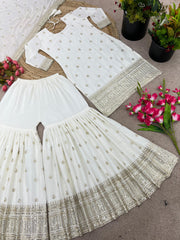 Captivating Embroidery Sequence Work White Color Sharara Suit