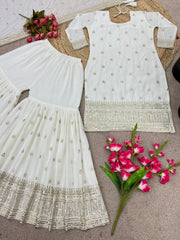 Captivating Embroidery Sequence Work White Color Sharara Suit
