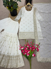 Captivating Embroidery Sequence Work White Color Sharara Suit