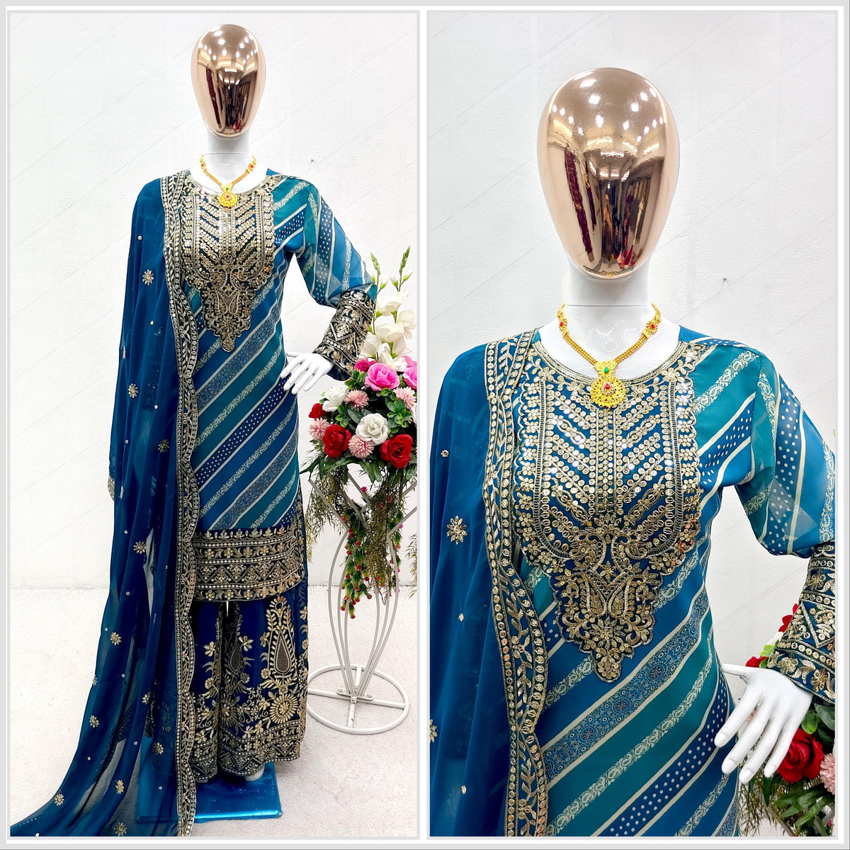 Stunning Embroidery Work Rama Color Sharara Suit