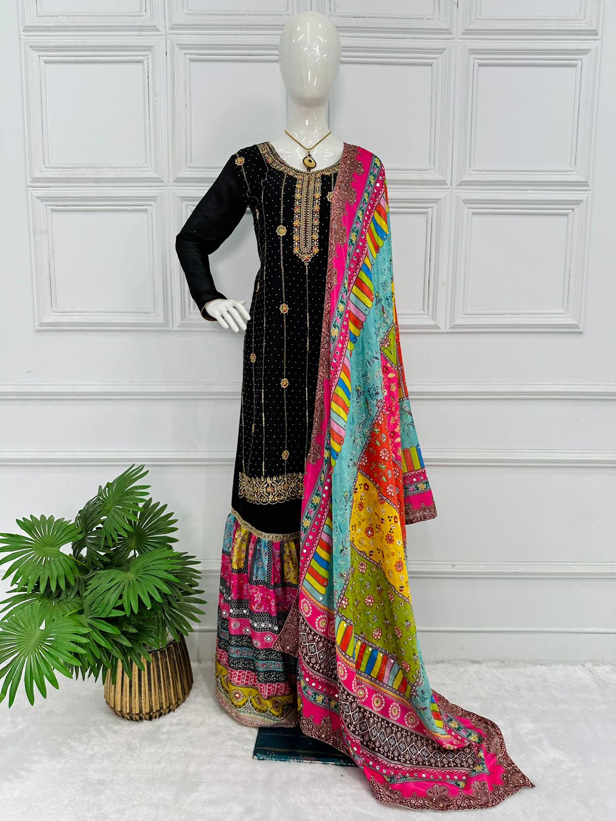 Beautiful Embroidery Work Black Color Sharara Suit