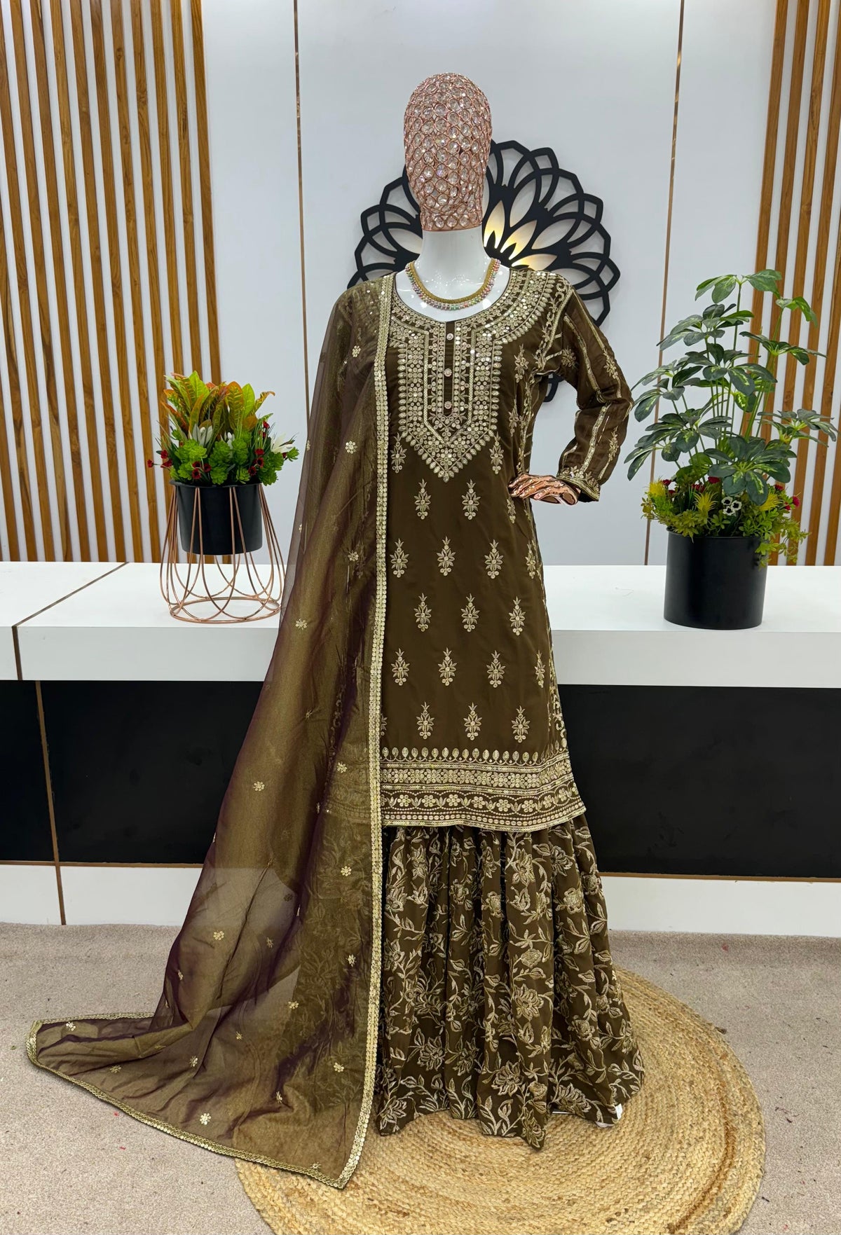 Glimmering Embroidery Sequence Work Brown Color Sharara Suit