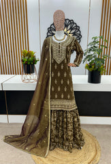 Glimmering Embroidery Sequence Work Brown Color Sharara Suit