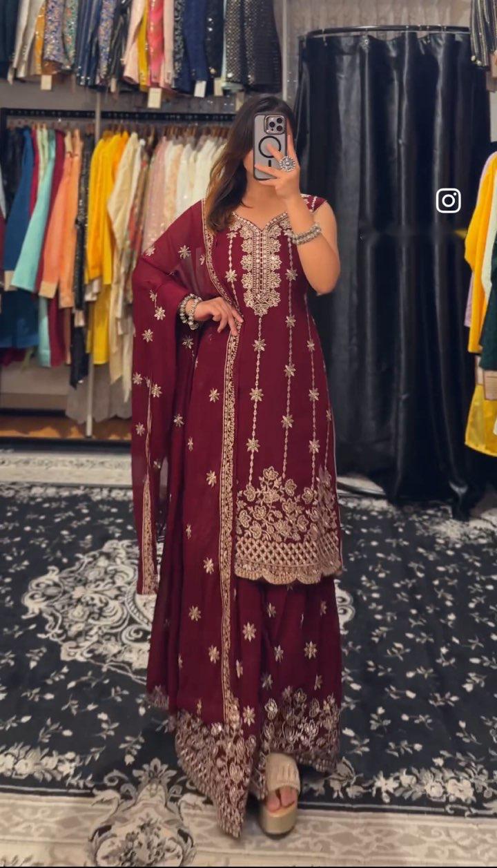 Shining Embroidery Work Red Color Sharara Suit