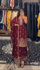 Shining Embroidery Work Red Color Sharara Suit
