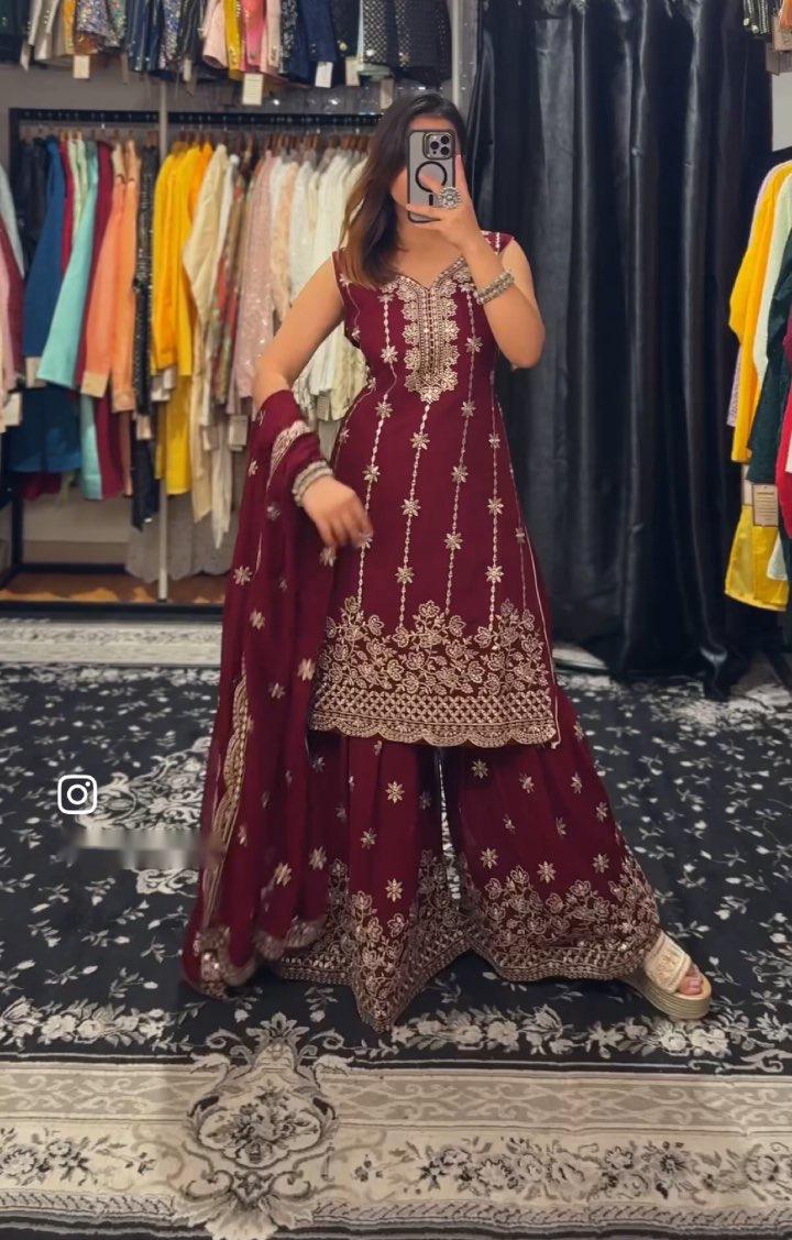 Shining Embroidery Work Red Color Sharara Suit