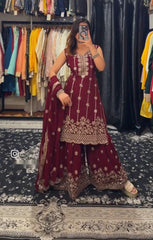 Shining Embroidery Work Red Color Sharara Suit