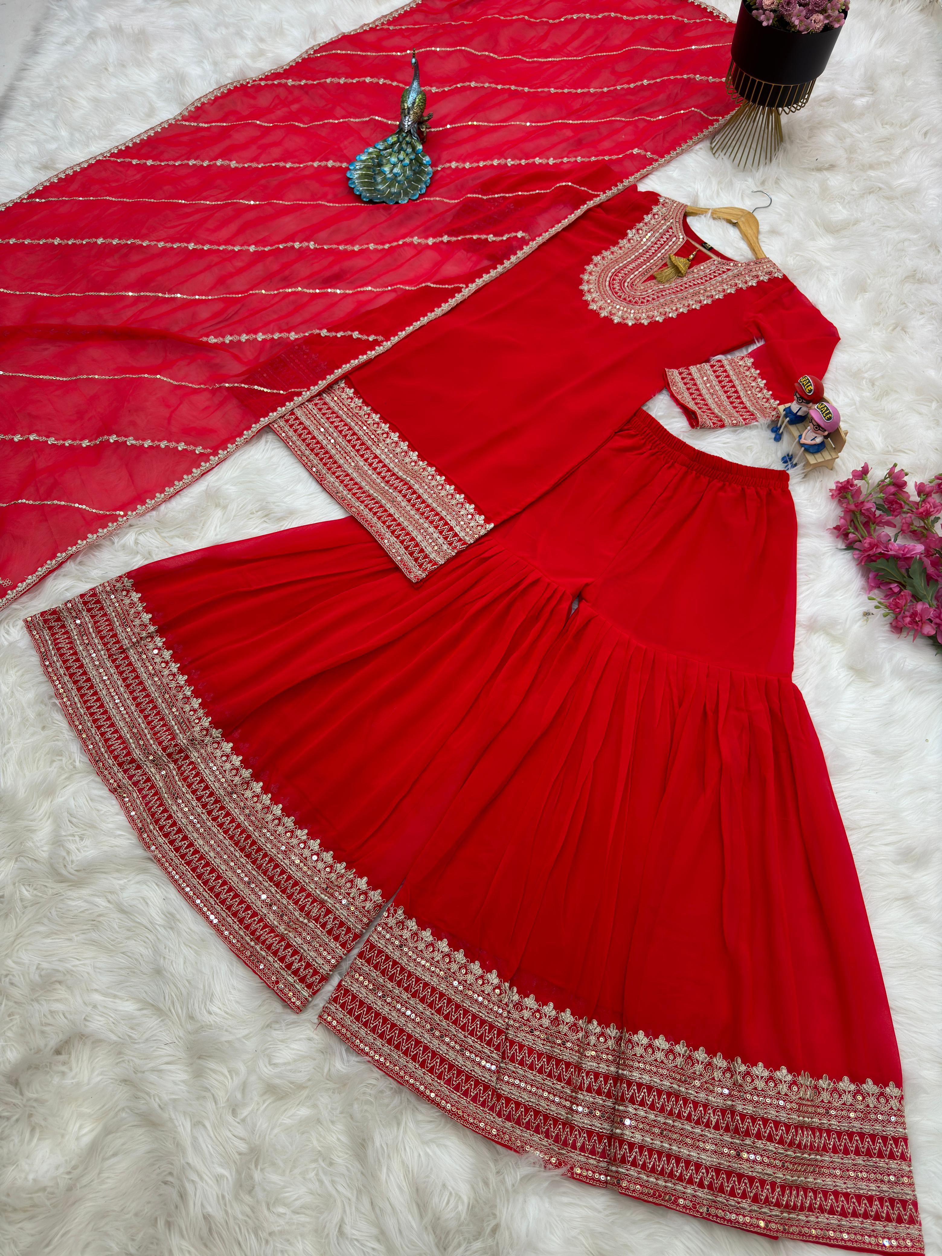 Glorious Coding Sequence Embroidery Red Color Sharara Suit