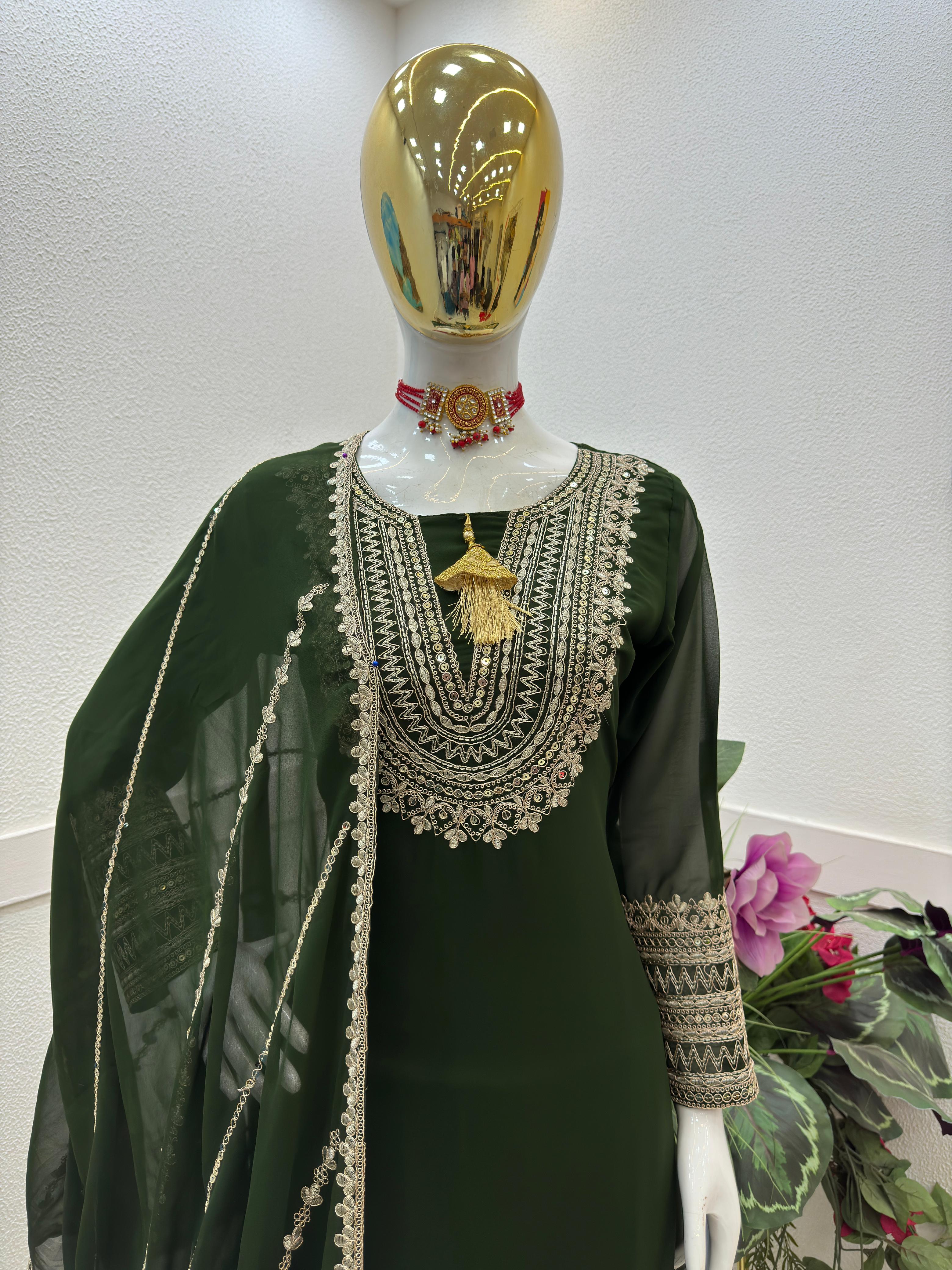 Glorious Coding Sequence Embroidery Green Color Sharara Suit