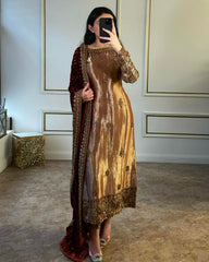 Shine Brown Color Embroidery Work Salwar Suit With Dupatta