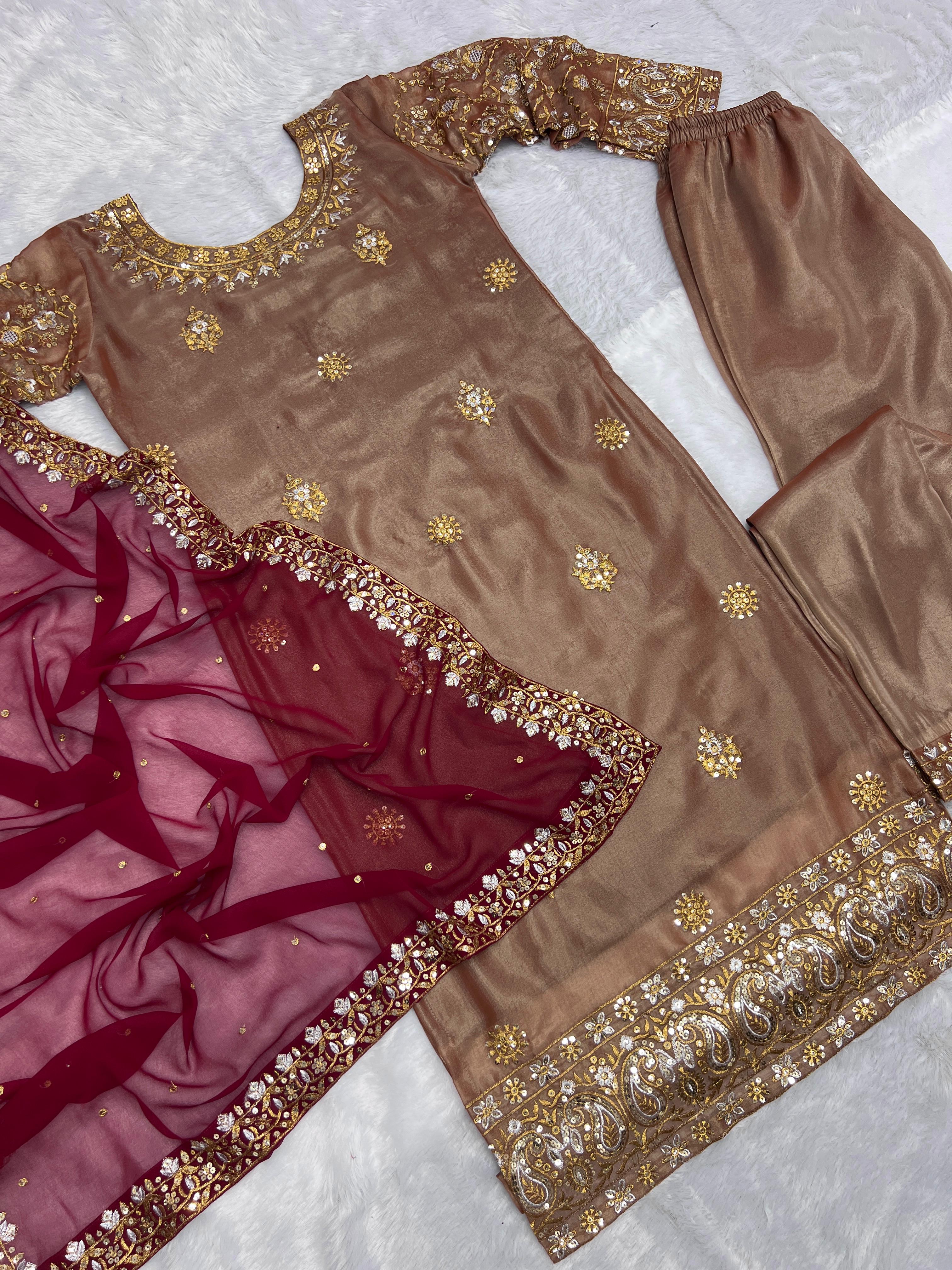 Shine Brown Color Embroidery Work Salwar Suit With Dupatta