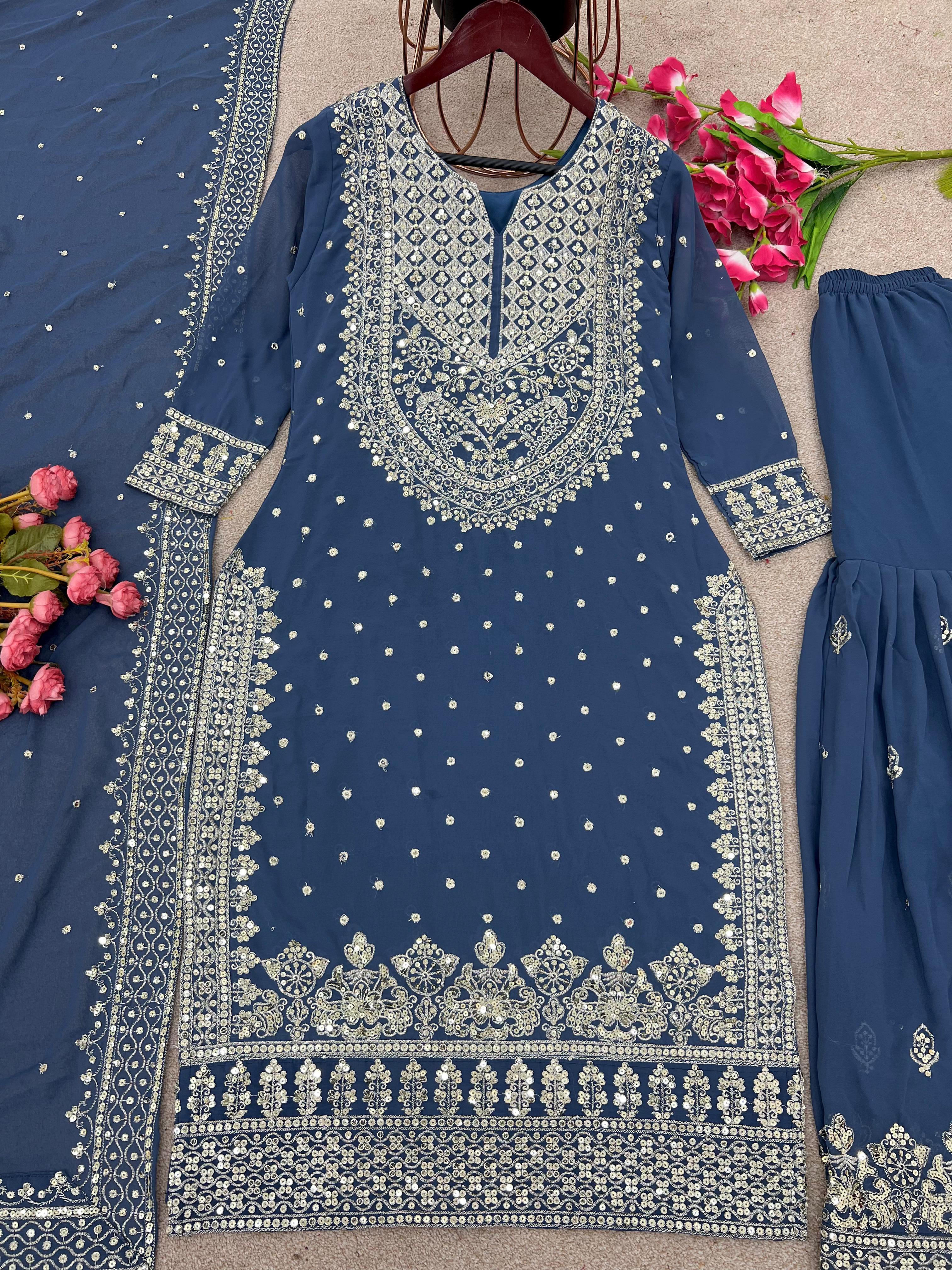 Decent Embroidery Sequence Work Nevy Blue Color Sharara Suit