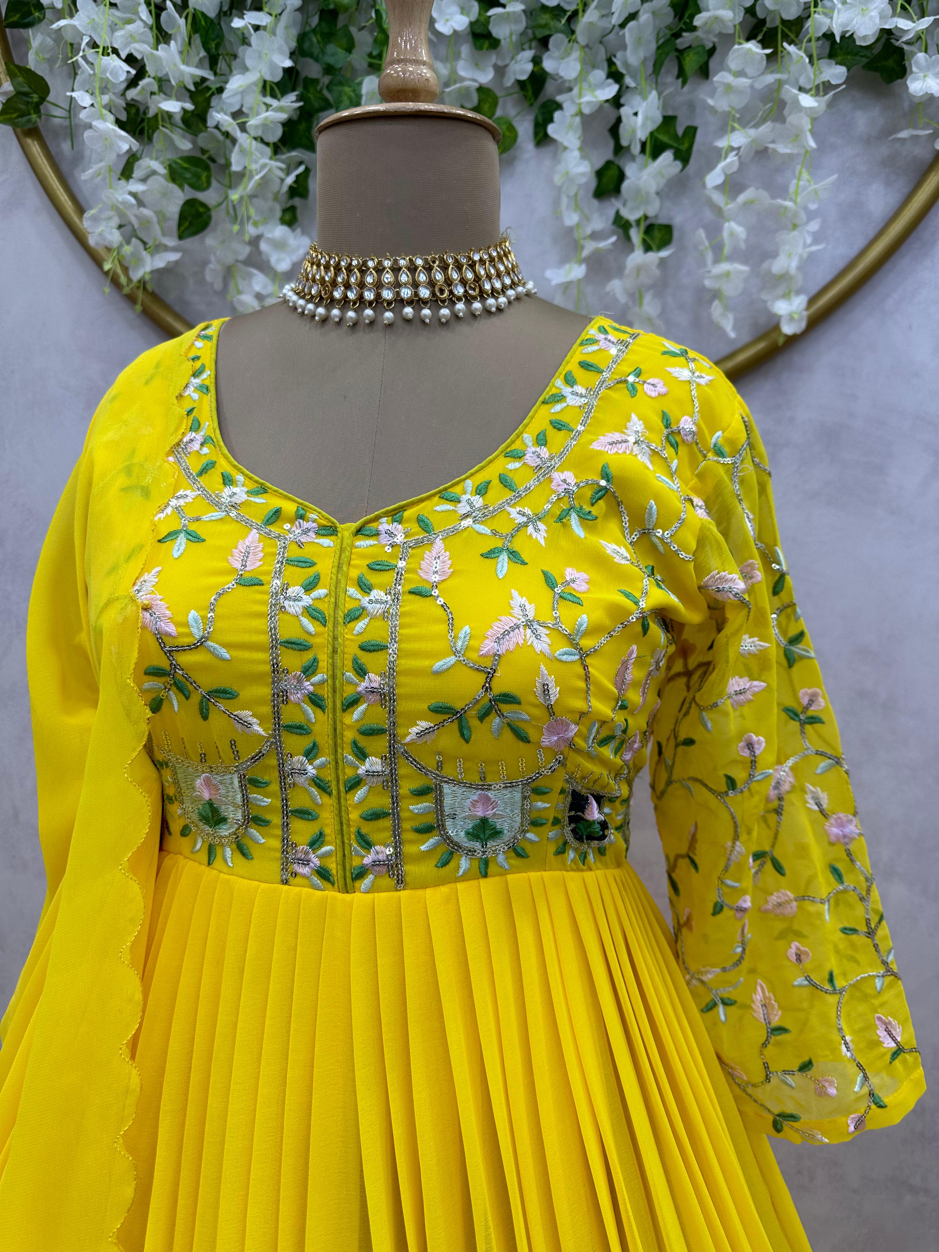 Yellow Color Thread Work Festive Wear Gown