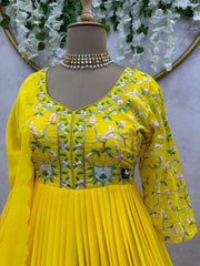 Yellow Color Thread Work Festive Wear Gown