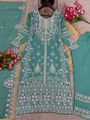 Mesmerizing Embroidery Sequence Work Rama Color Anarkali Suit