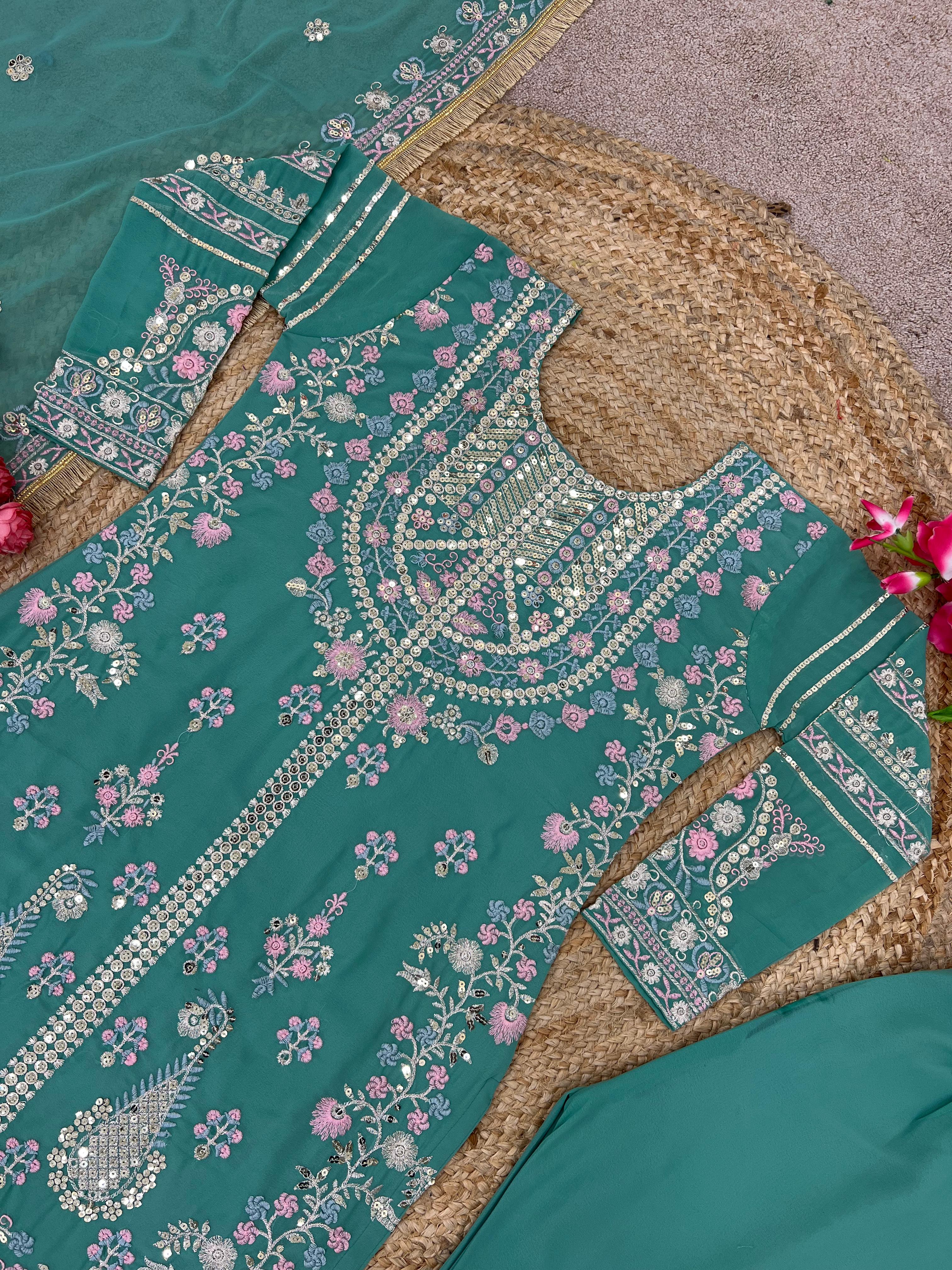 Mesmerizing Embroidery Sequence Work Rama Color Anarkali Suit