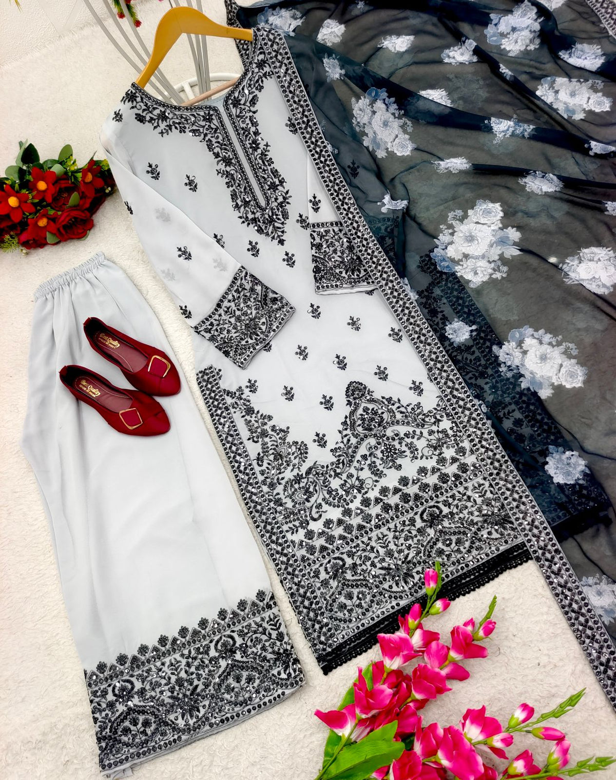 Stylish Embroidery Work White Color Anarkali Suit