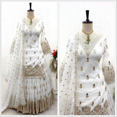 Fabulous  Siqwans Embroidery Work White Color Top With Lehenga