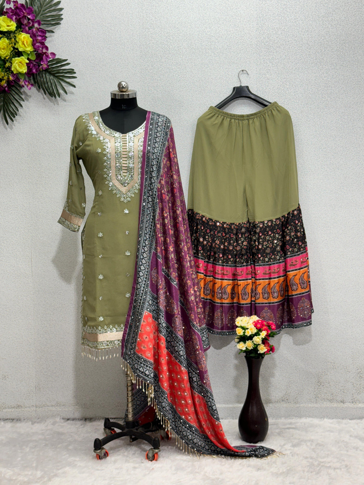 Embellished Sequences Work Green Color Sharara Suit