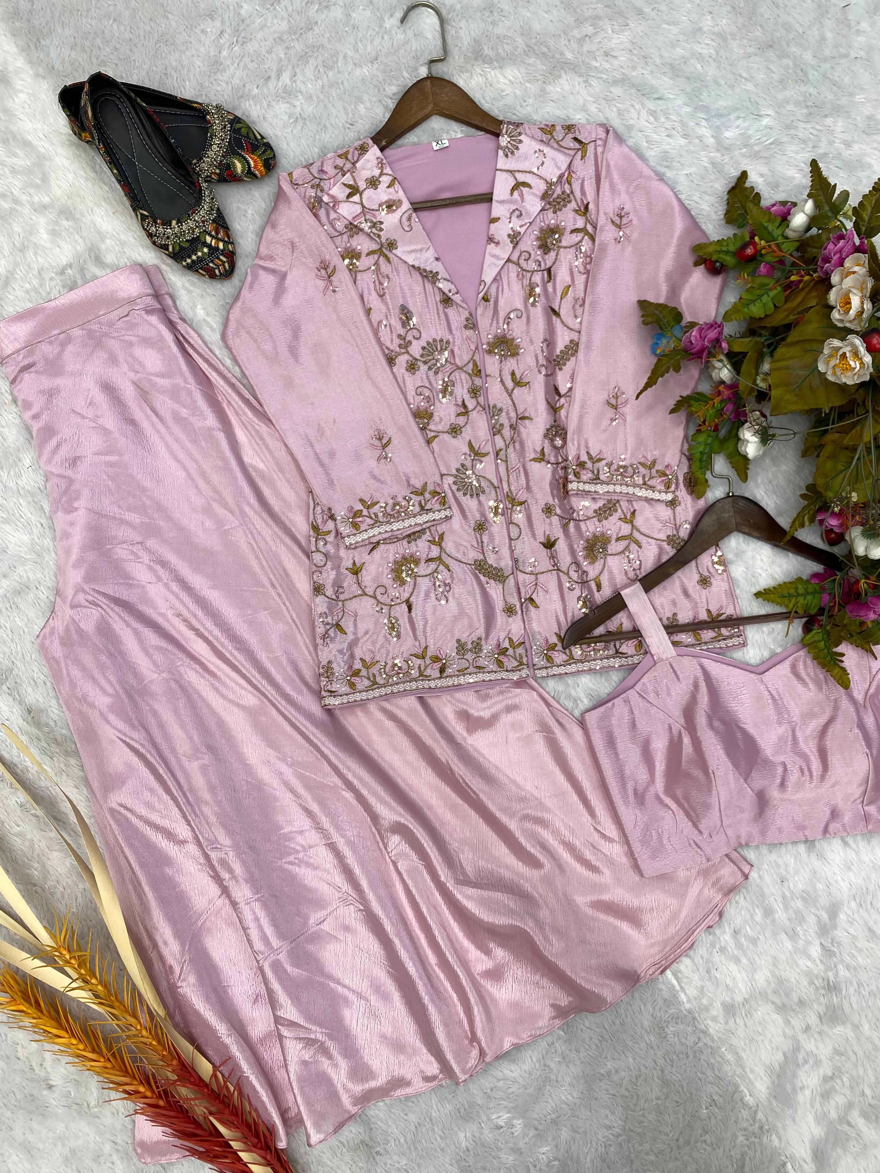 Captivating  Light Pink Color Sequence Embroidery Work Palazzo Choli With Blazer