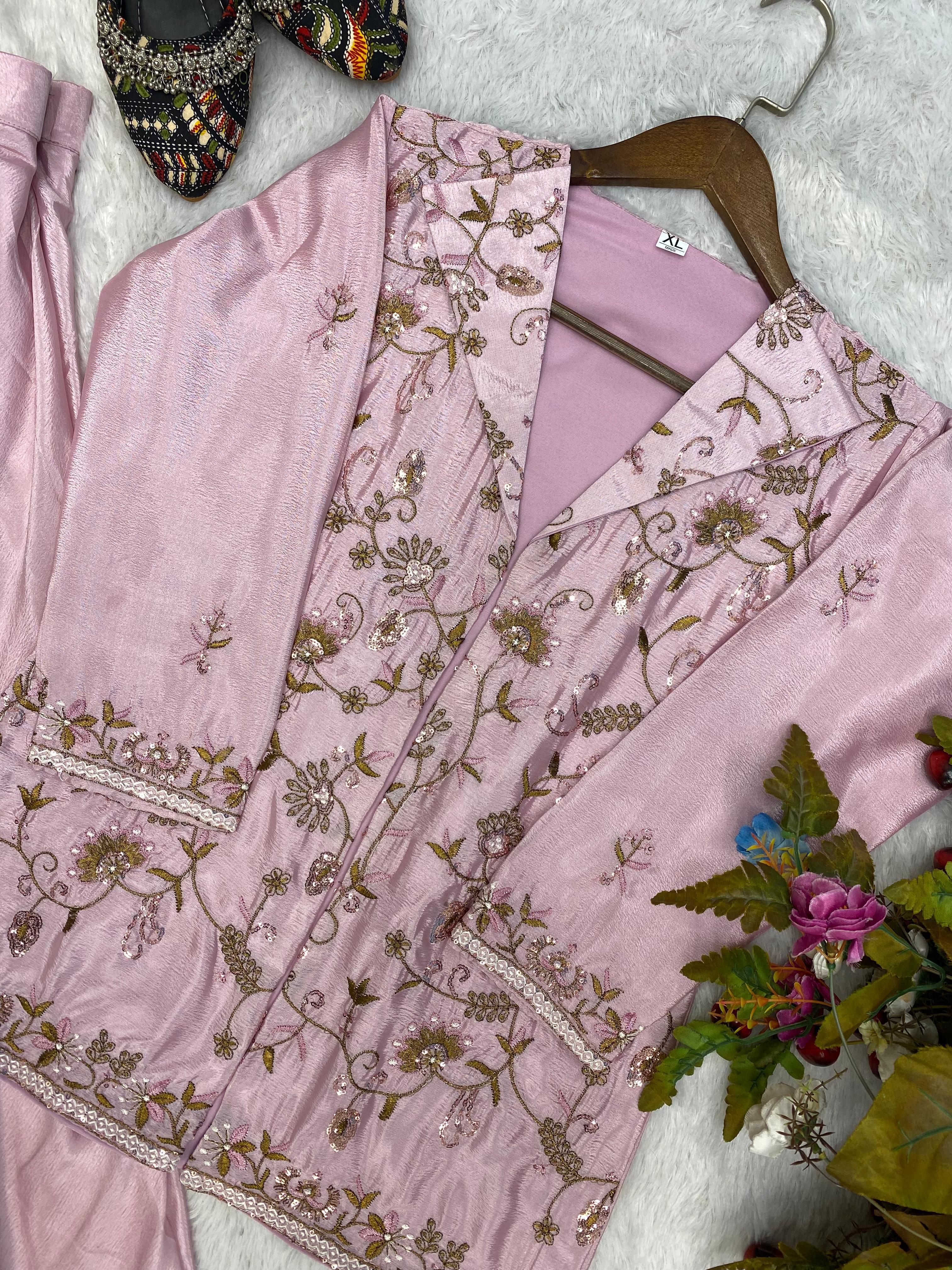 Captivating  Light Pink Color Sequence Embroidery Work Palazzo Choli With Blazer