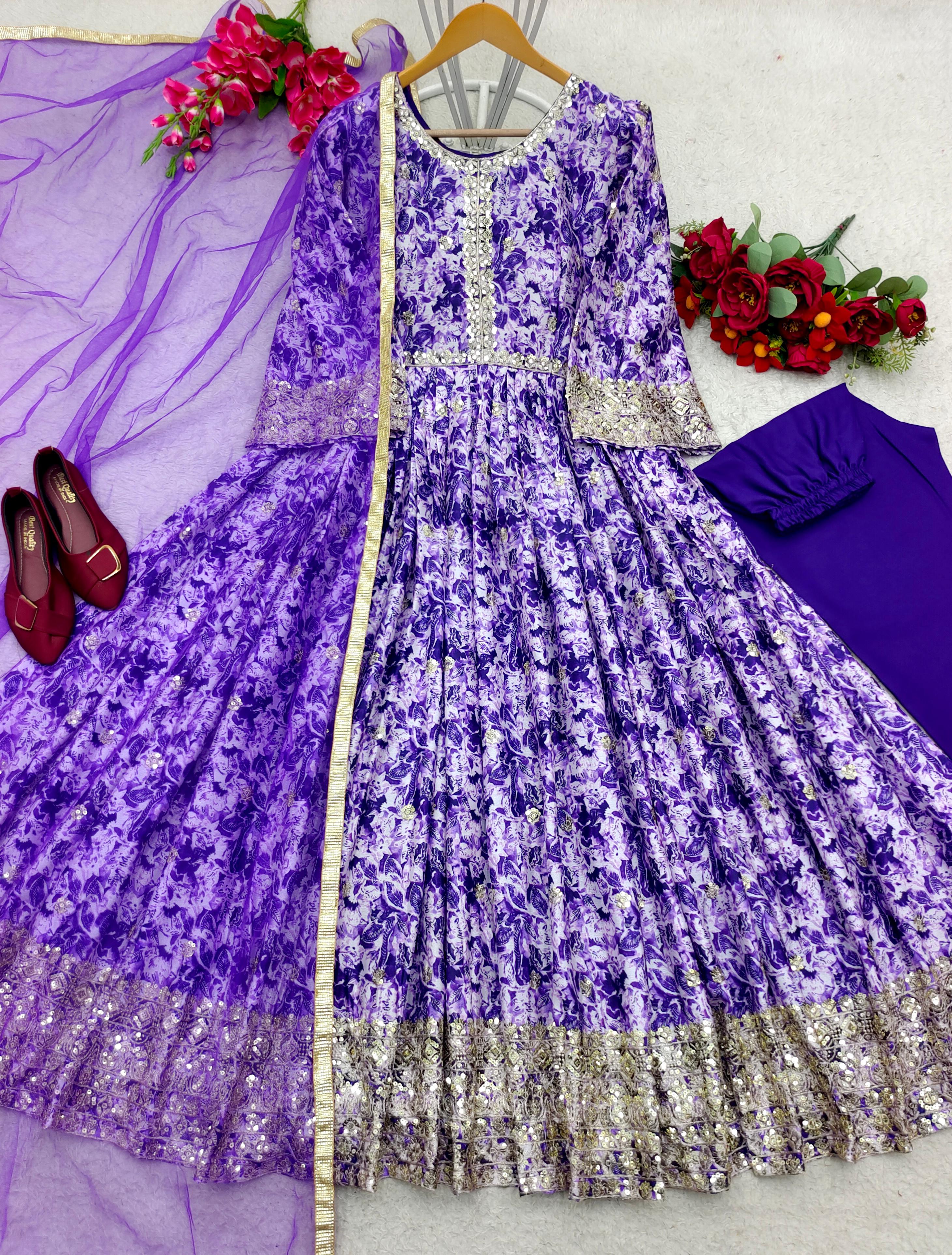 Flattering Sequence Embroidery Work Purple Color Gown