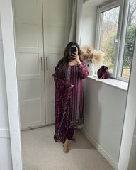Fashionable Embroidery Work Wine Color Anarkali Suit