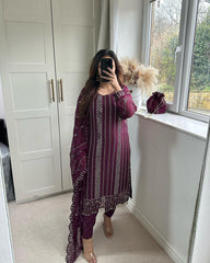 Fashionable Embroidery Work Wine Color Anarkali Suit