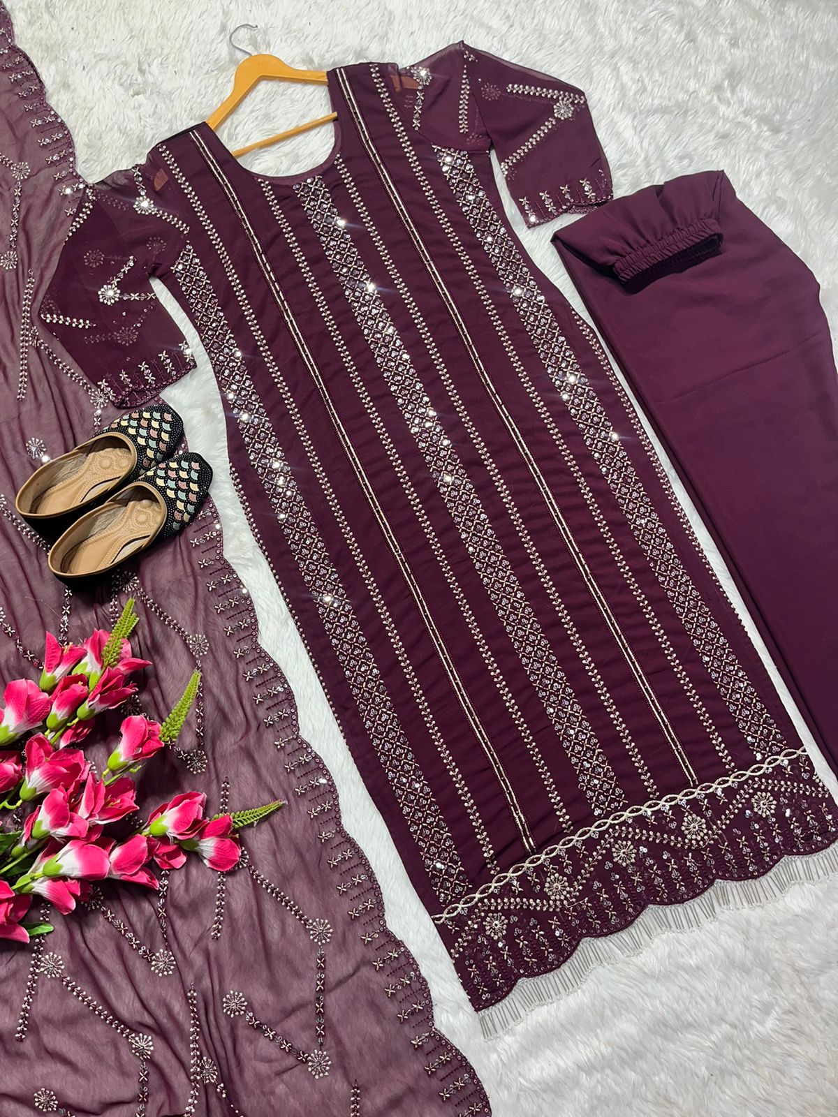 Fashionable Embroidery Work Wine Color Anarkali Suit