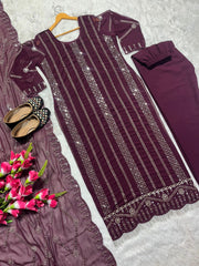 Fashionable Embroidery Work Wine Color Anarkali Suit