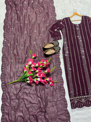 Fashionable Embroidery Work Wine Color Anarkali Suit