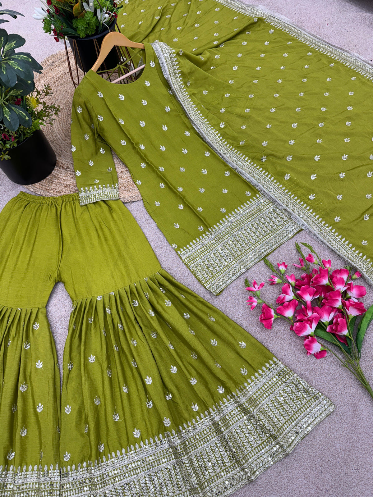 Embellished Embroidery Sequence Work Perrot Color Sharara Suit
