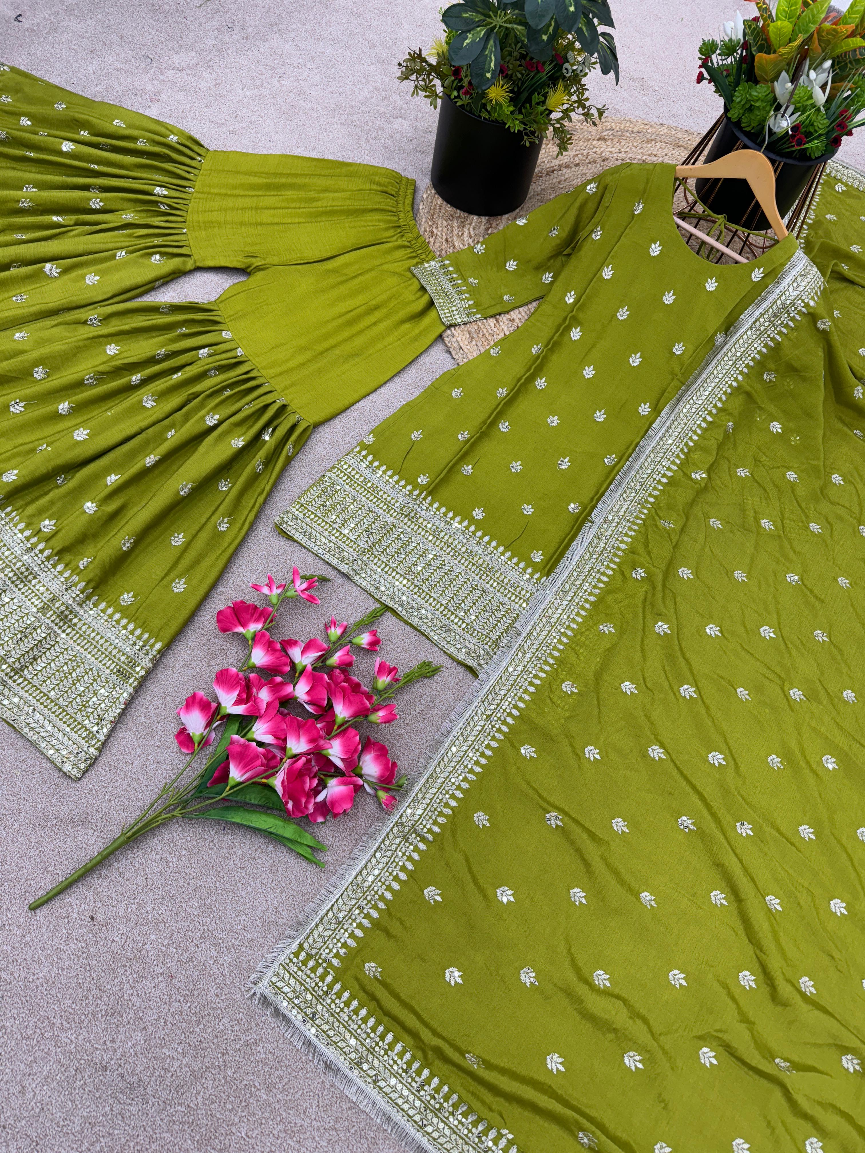 Embellished Embroidery Sequence Work Perrot Color Sharara Suit