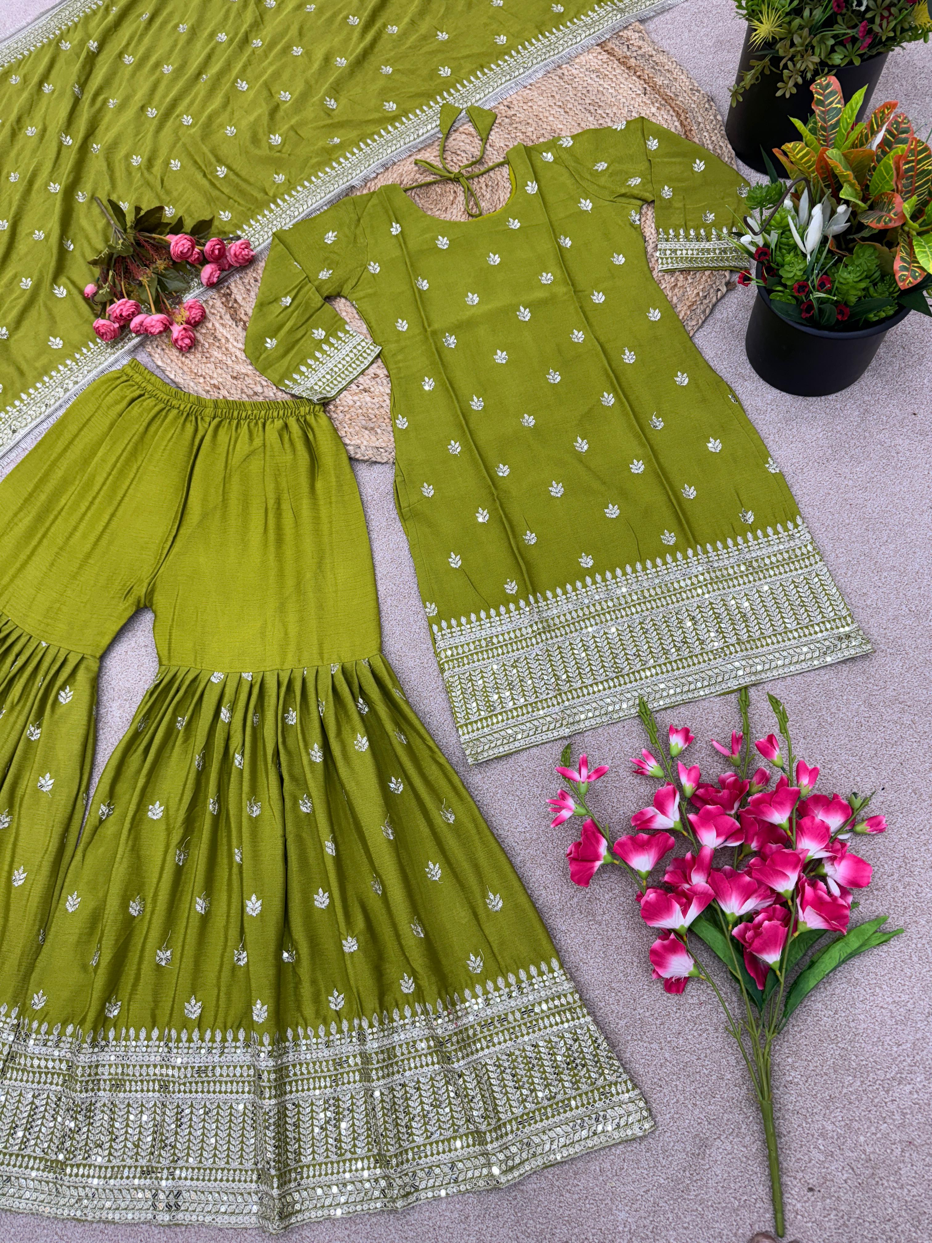 Embellished Embroidery Sequence Work Perrot Color Sharara Suit