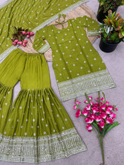 Embellished Embroidery Sequence Work Perrot Color Sharara Suit