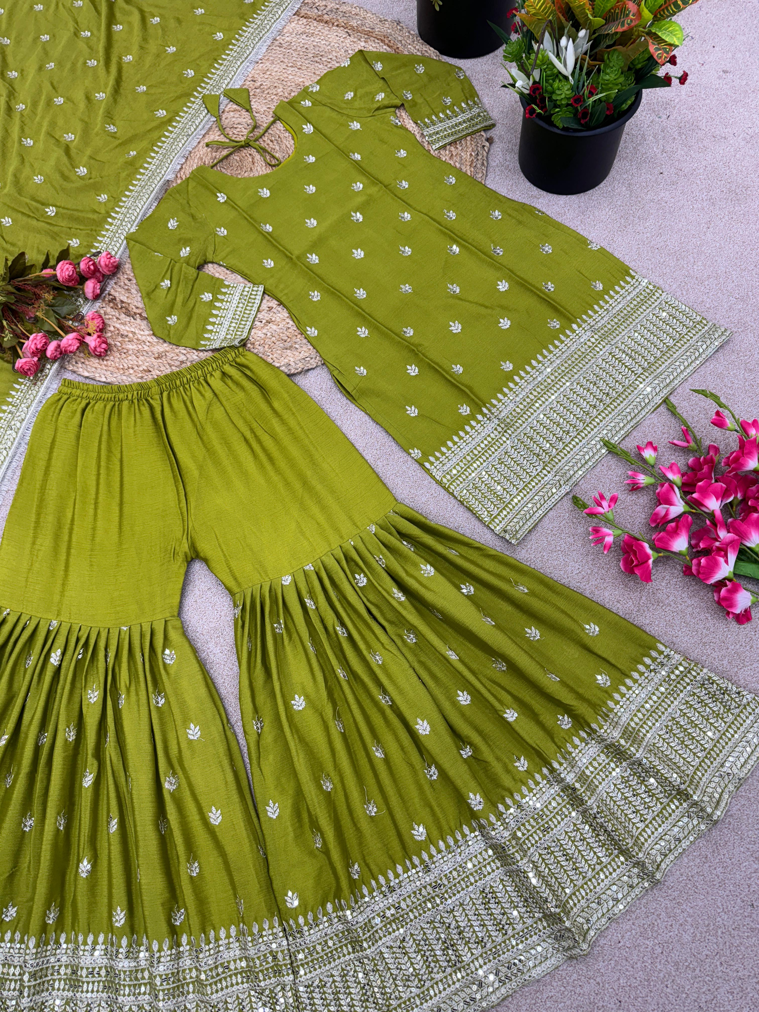 Embellished Embroidery Sequence Work Perrot Color Sharara Suit