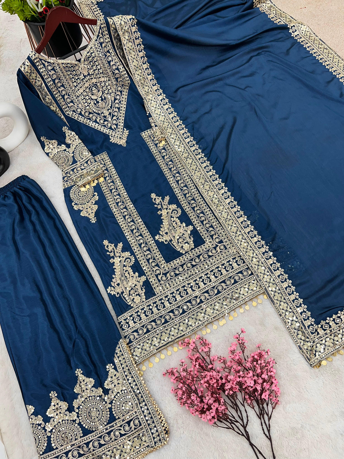 Luxuriant Embroidery Work Rama Color Anrakali Suit