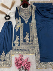 Luxuriant Embroidery Work Rama Color Anrakali Suit